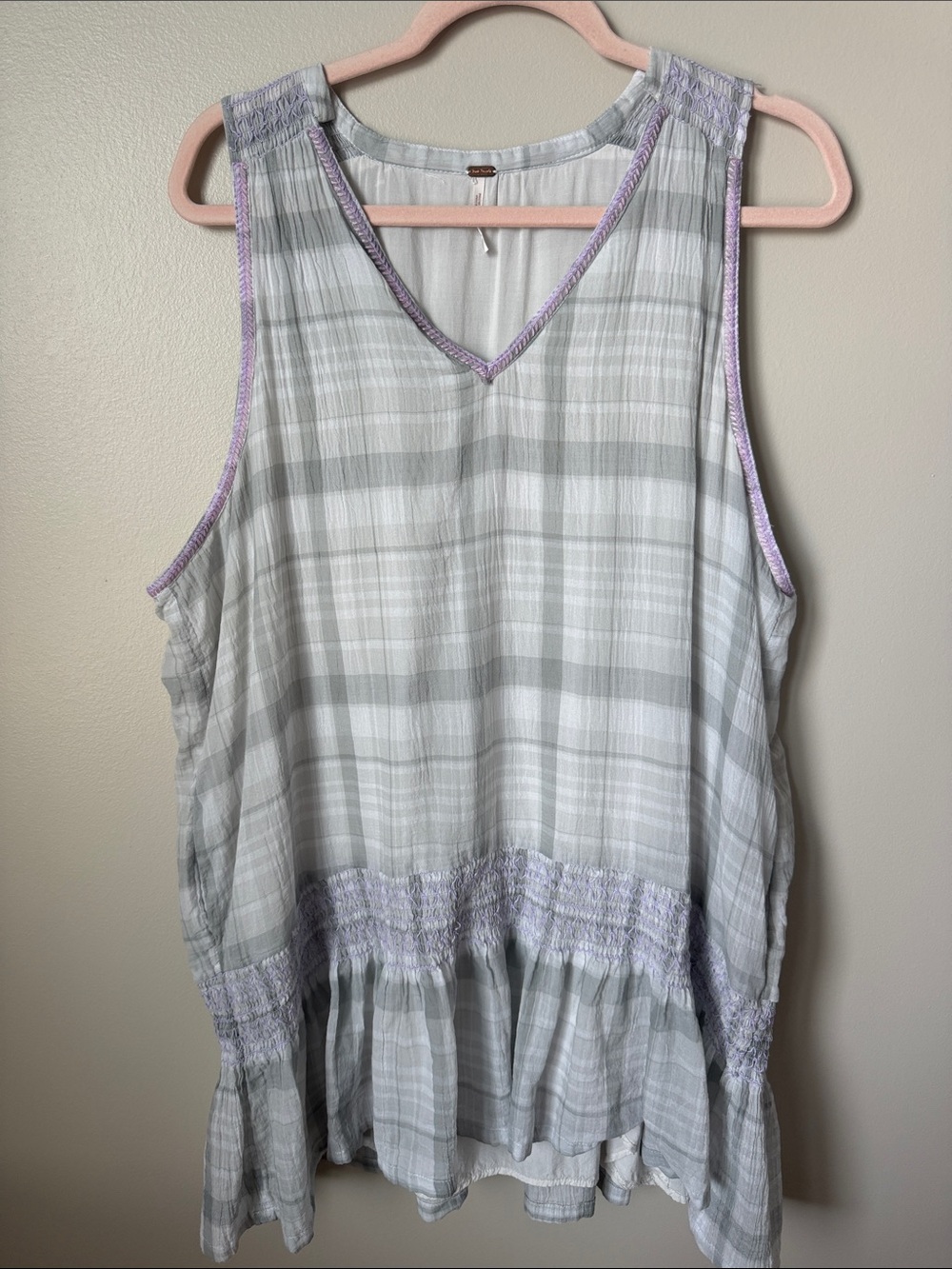 Free People Light Gray Plaid Sleeveless Mini Dress with Lavender Trim